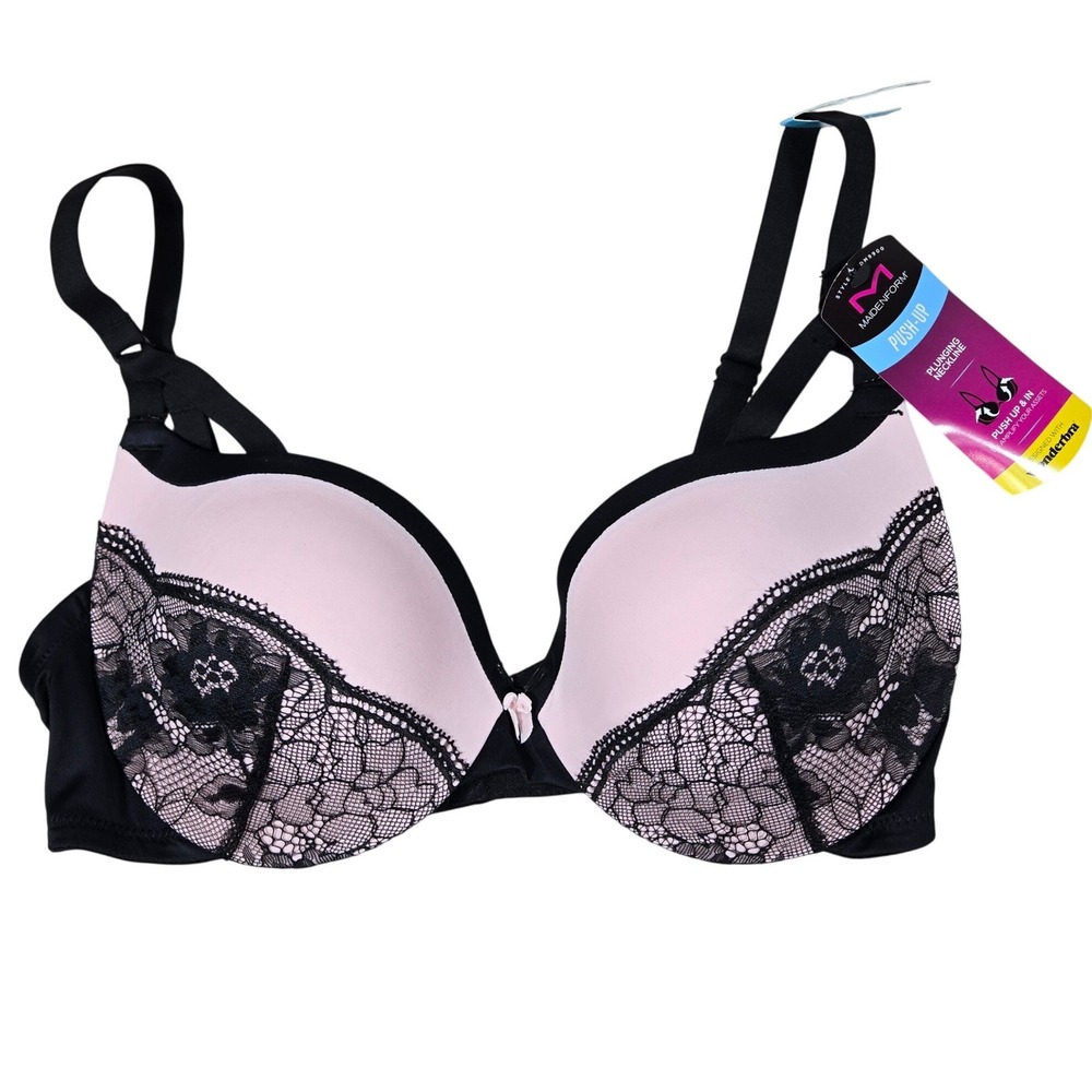Maidenform DM9900 Push Up Bra 36C Pink Black Lace Plunging Neckline Wonderbra